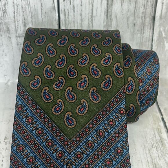 Vintage Polo Ralph Lauren Men's Necktie Paisley Geometric Print Green Blue - Picture 3 of 6